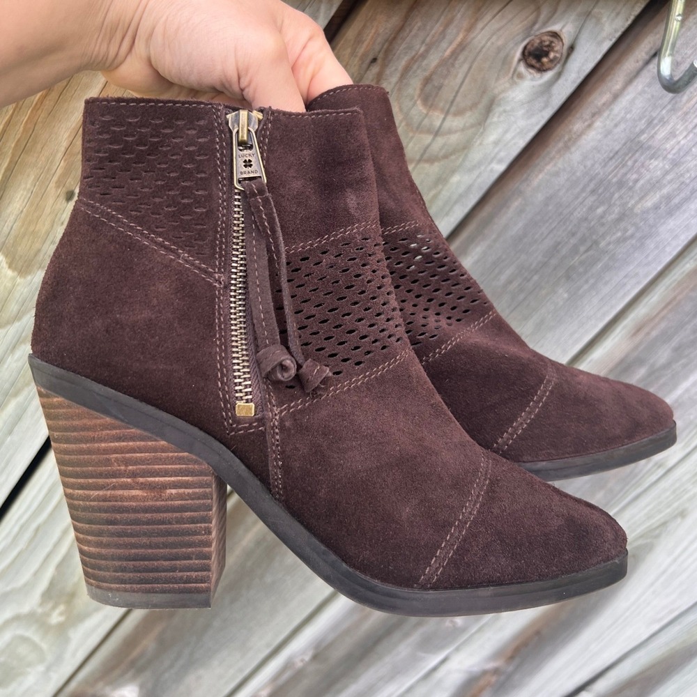 Lucky Brand Ramses Booties Women 6.5 Brown Excellent Suede Double Zip Perforated